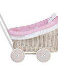 Whitewashed Wicker Doll Pram with Pink Bedding