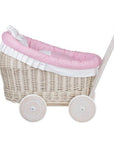 Whitewashed Wicker Doll Pram with Pink Bedding