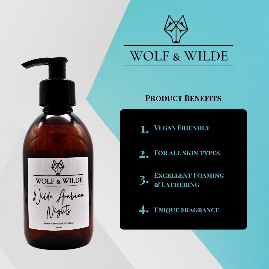 Wilde Arabian Nights luxury 2 in 1 liquid soap, hand and body wash, premium exotic spice fragrance, vegan cruelty-free, 250ml by Wolf & Wilde at brixbailey.com
