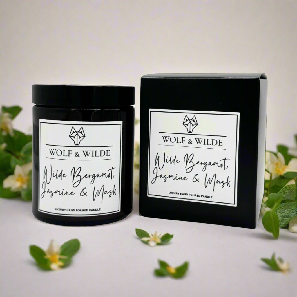 Luxury handmade UK candle with bergamot jasmine musk, premium scented aromatherapy candle, natural wood wax, best-selling by Wolf & Wilde at brixbailey.com