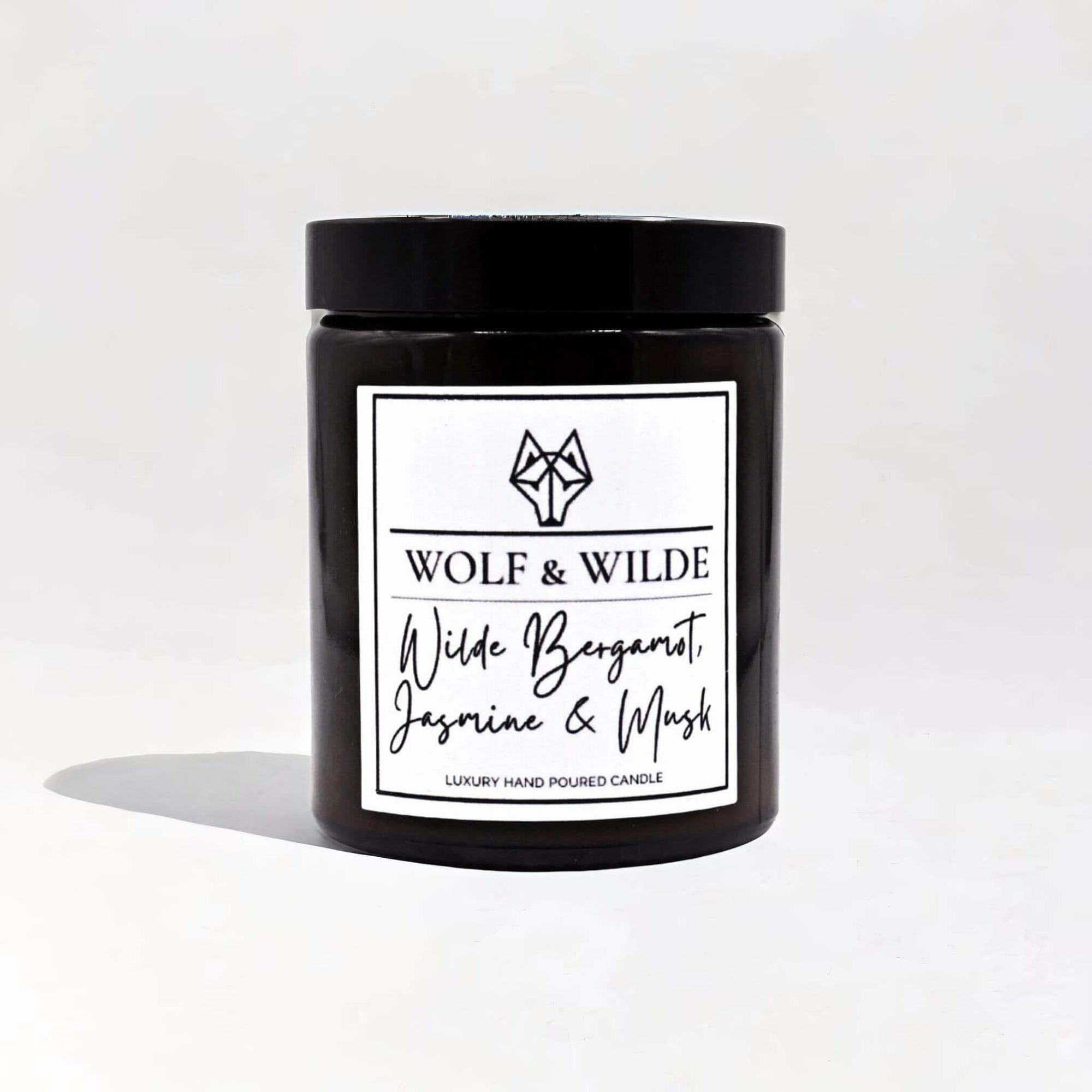 Luxury handmade UK candle with bergamot jasmine musk scent, premium wood wax blend, master chandler crafted, aromatherapy home decor by Wolf & Wilde at brixbailey.com