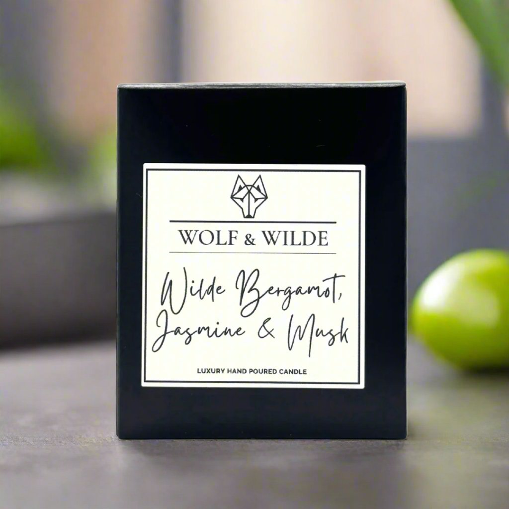 Luxury handmade UK candle, Wilde Bergamot Jasmine Musk scented, premium natural wood wax, aromatherapy home fragrance by Wolf & Wilde at brixbailey.com