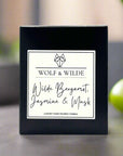 Luxury handmade UK candle, Wilde Bergamot Jasmine Musk scented, premium natural wood wax, aromatherapy home fragrance by Wolf & Wilde at brixbailey.com