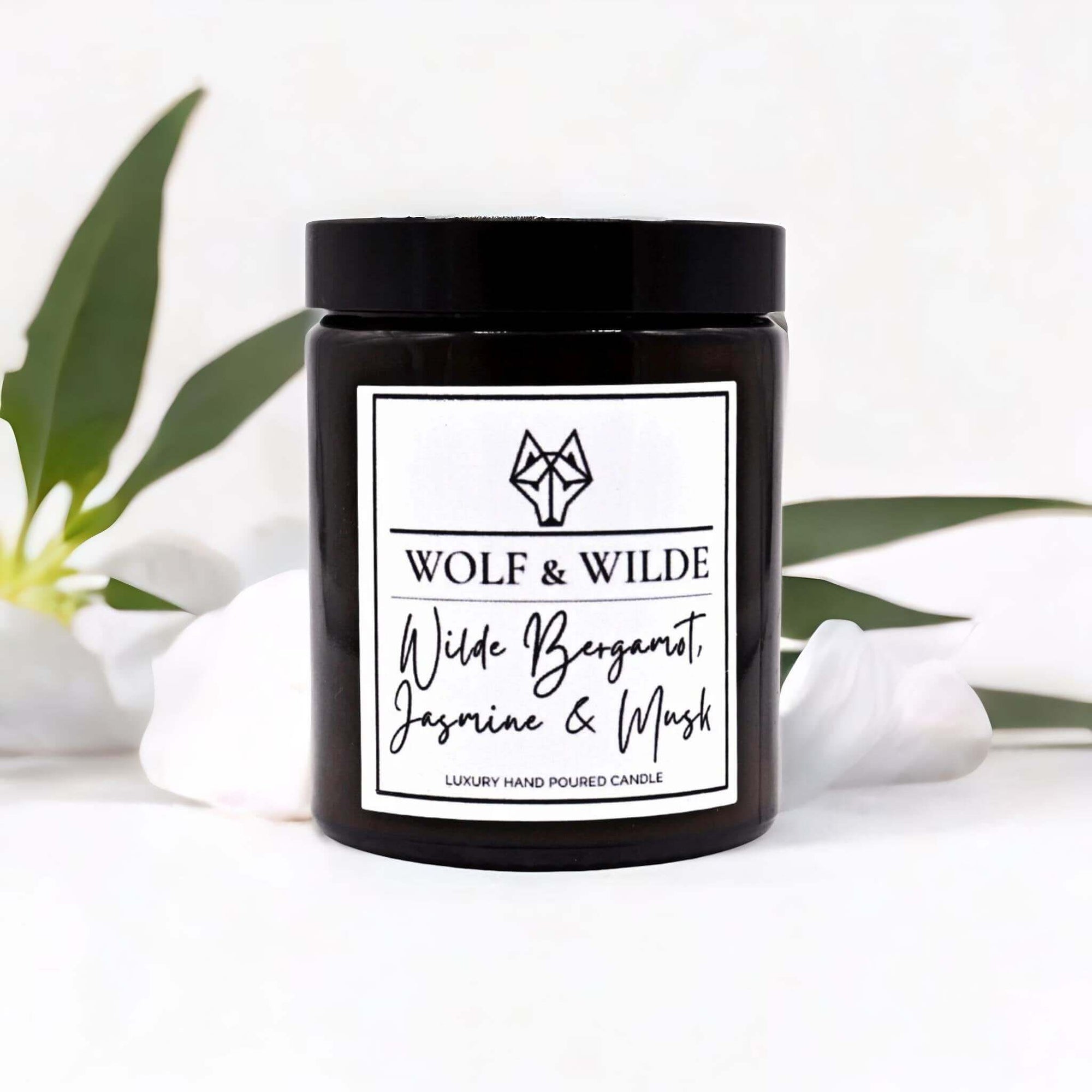 Luxury handmade UK candle with wild bergamot, jasmine, musk scent, premium natural ingredients, master chandler crafted by Wolf & Wilde at brixbailey.com