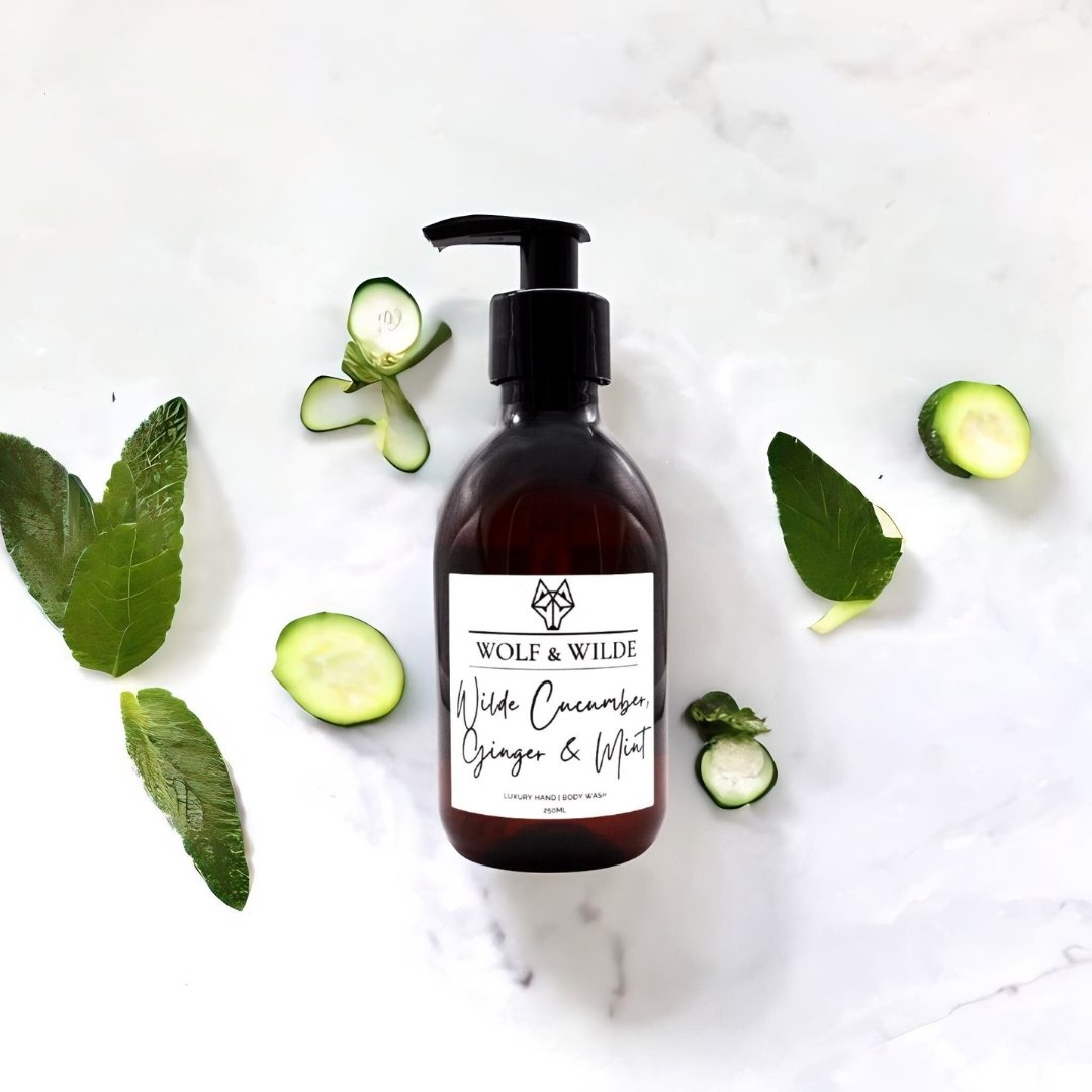 Luxury Wilde Cucumber Ginger Mint 2 in 1 Liquid Soap, Hand Body Wash, Green Floral Musk Fragrance, Vegan Cruelty-Free, 250ml by Wolf & Wilde at brixbailey.com