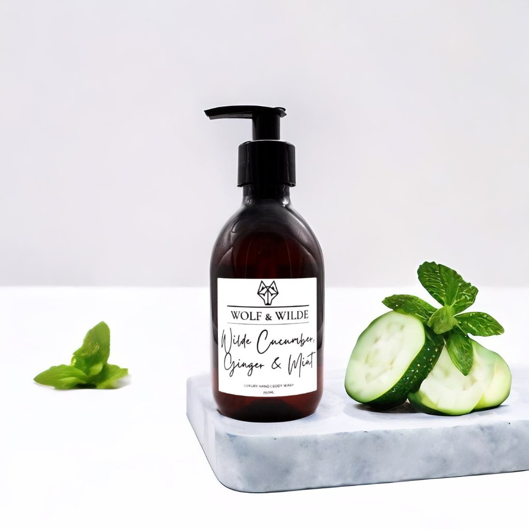 Luxury Wilde Cucumber Ginger Mint 2 in 1 Liquid Soap, Hand Body Wash, Green Floral Fragrance, Vegan Cruelty-Free, 250ml by Wolf & Wilde at brixbailey.com