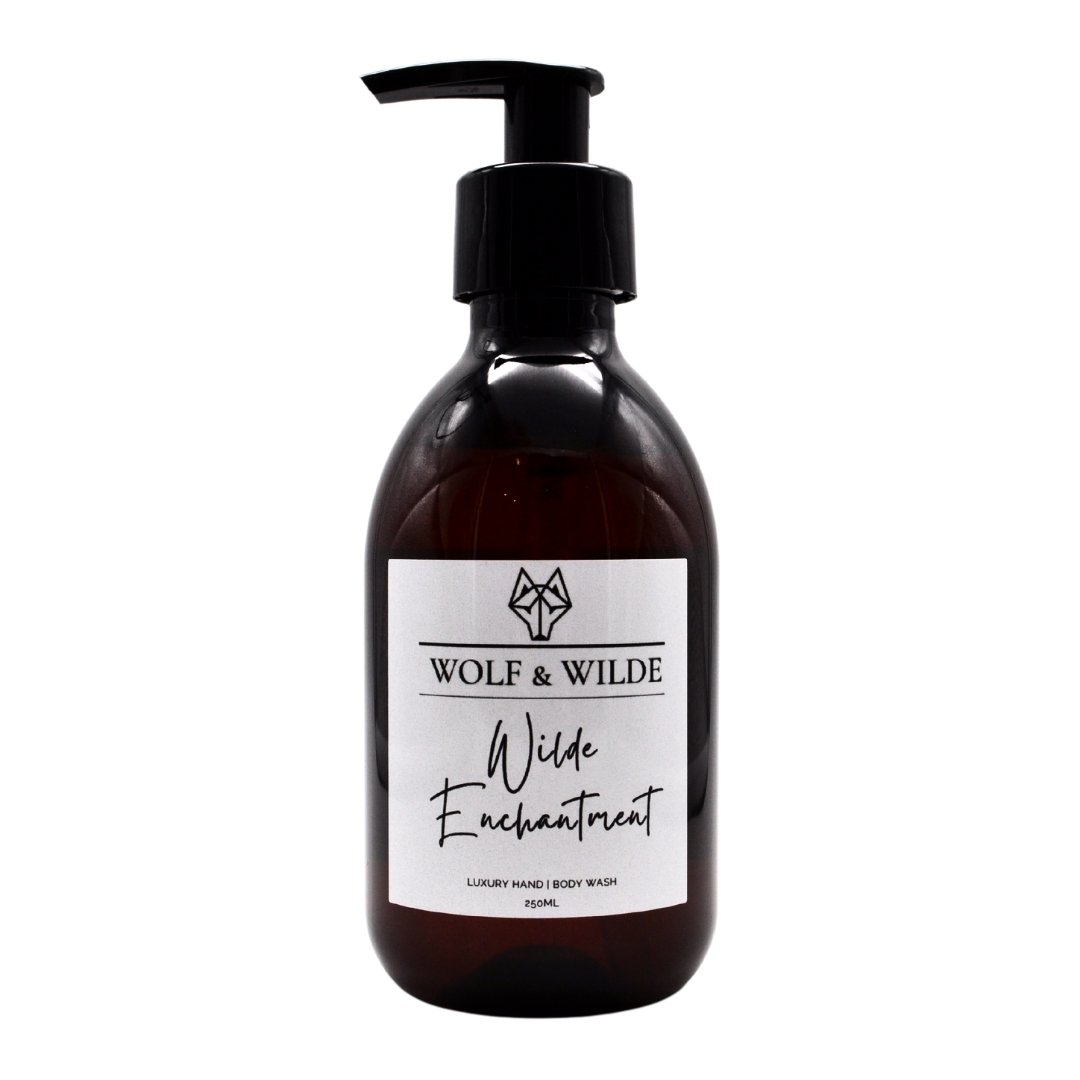 Luxury Wilde Enchantment 2 in 1 Liquid Soap, Hand and Body Wash, 250ml, Bergamot Citrus Floral, Vegan Cruelty-Free, Premium Amber PET Bottle by Wolf & Wilde at brixbailey.com