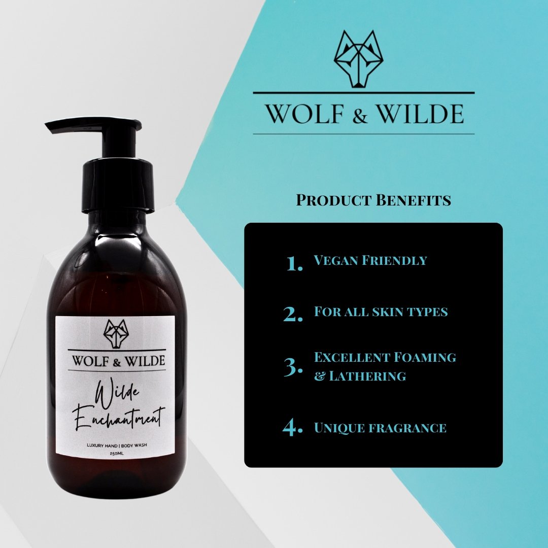 Luxury Wilde Enchantment 2 in 1 liquid soap, hand and body wash, bergamot citrus floral fragrance, vegan cruelty-free, 250ml by Wolf & Wilde at brixbailey.com