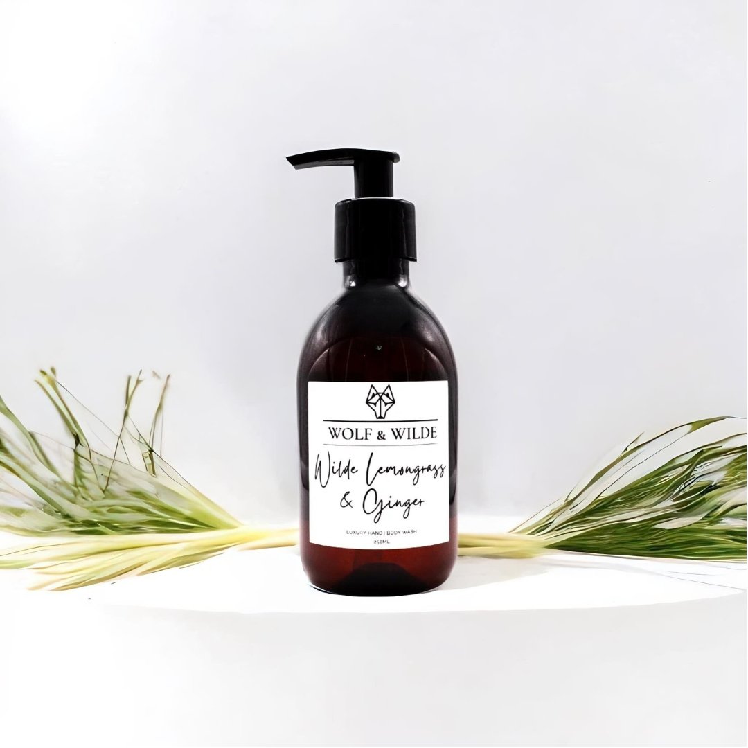 Luxury lemongrass and ginger liquid soap, handcrafted vegan hand and body wash, best-selling zesty citrus fragrance with cardamom and coriander, 250ml by Wolf & Wilde at brixbailey.com