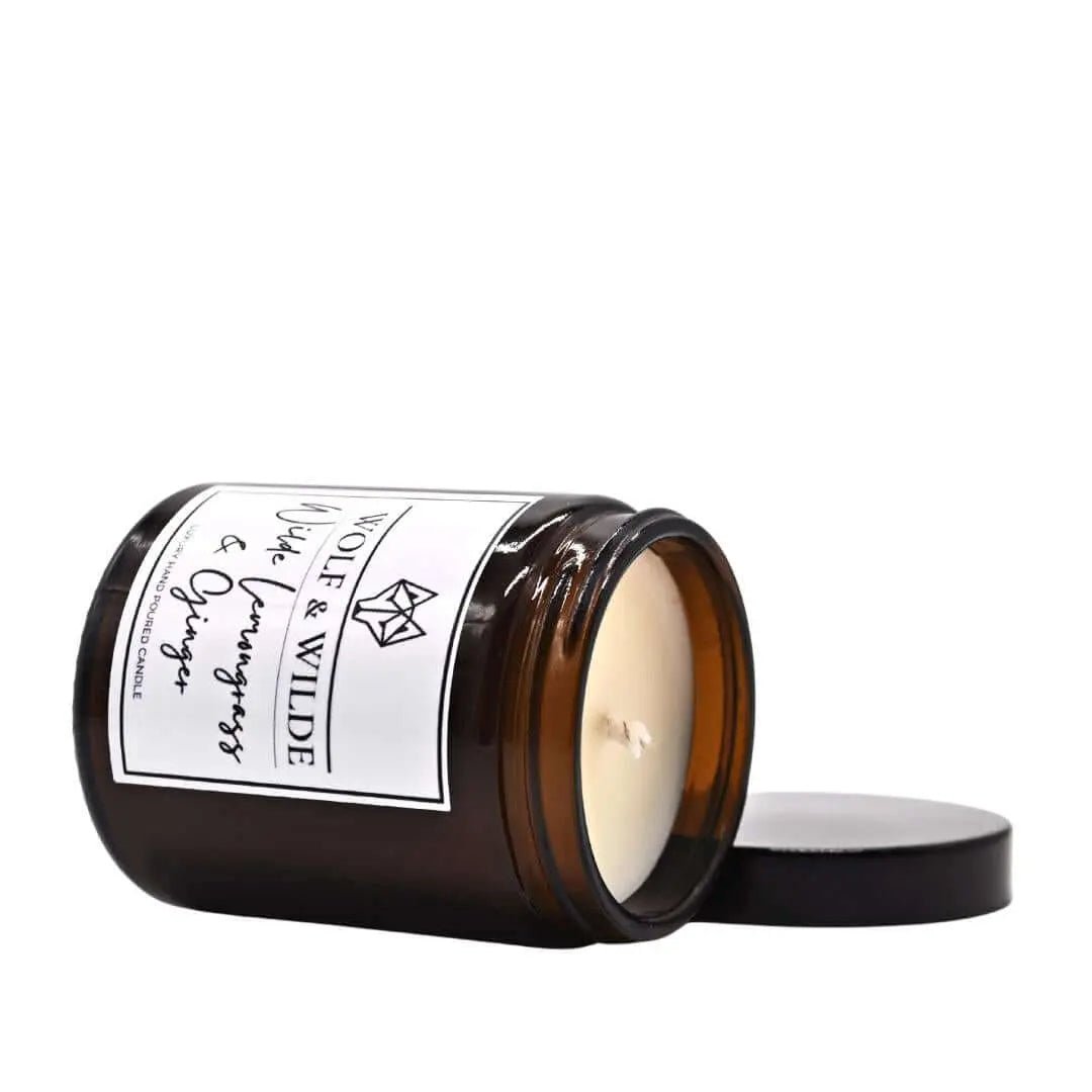 Luxury handmade UK candle, Wilde Lemongrass Ginger aromatherapy scented, premium natural ingredients, best-selling zesty citrus spice fragrance by Wolf & Wilde at brixbailey.com