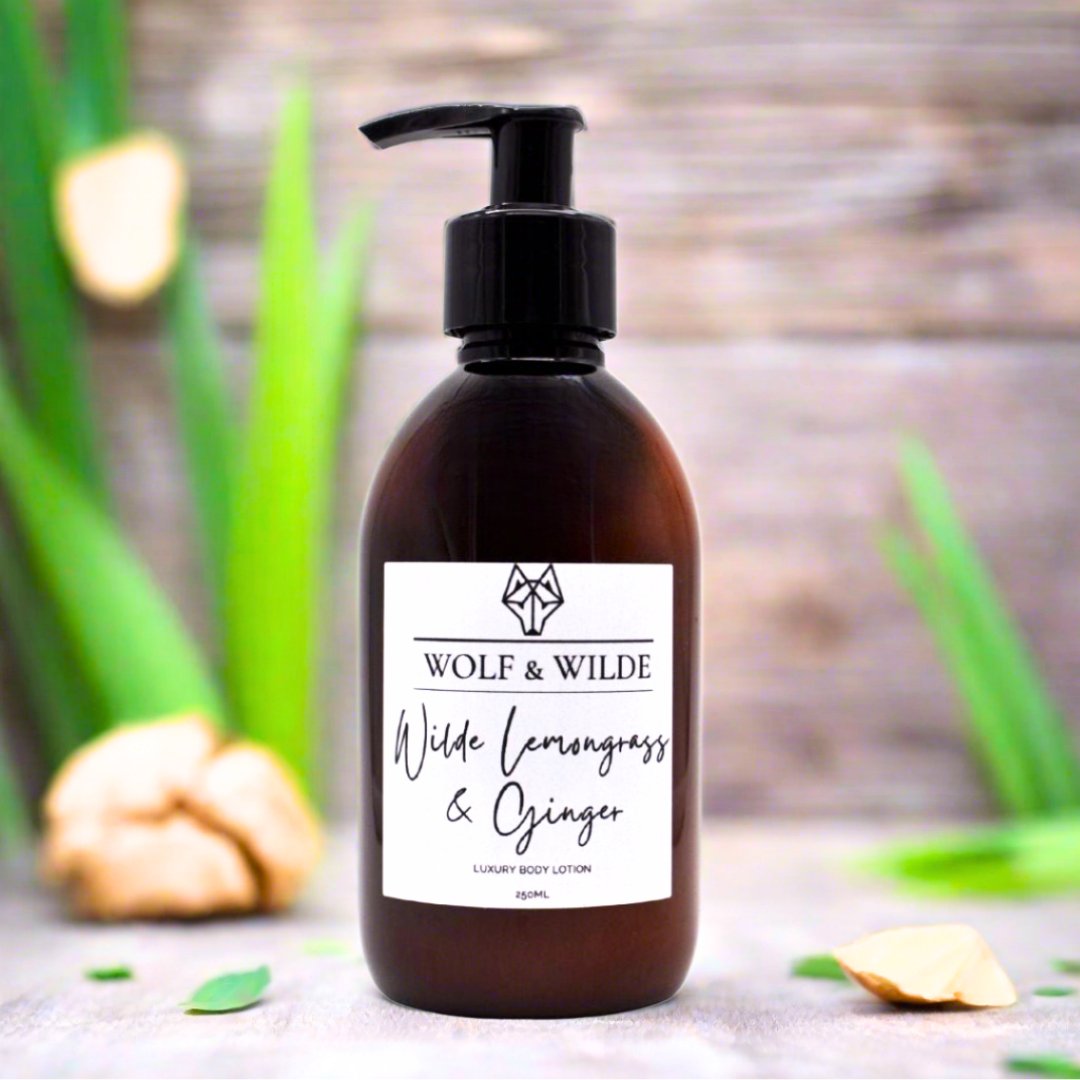 Luxury Wilde Lemongrass and Ginger Body Lotion, 250ml, premium vegan skincare with zesty citrus and warm spice fragrance, nourishing hydration, cruelty-free by Wolf & Wilde at brixbailey.com