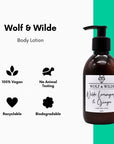Luxury Wilde Lemongrass and Ginger Body Lotion, premium handcrafted moisturizer with zesty citrus and spicy notes, 250ml by Wolf & Wilde at brixbailey.com