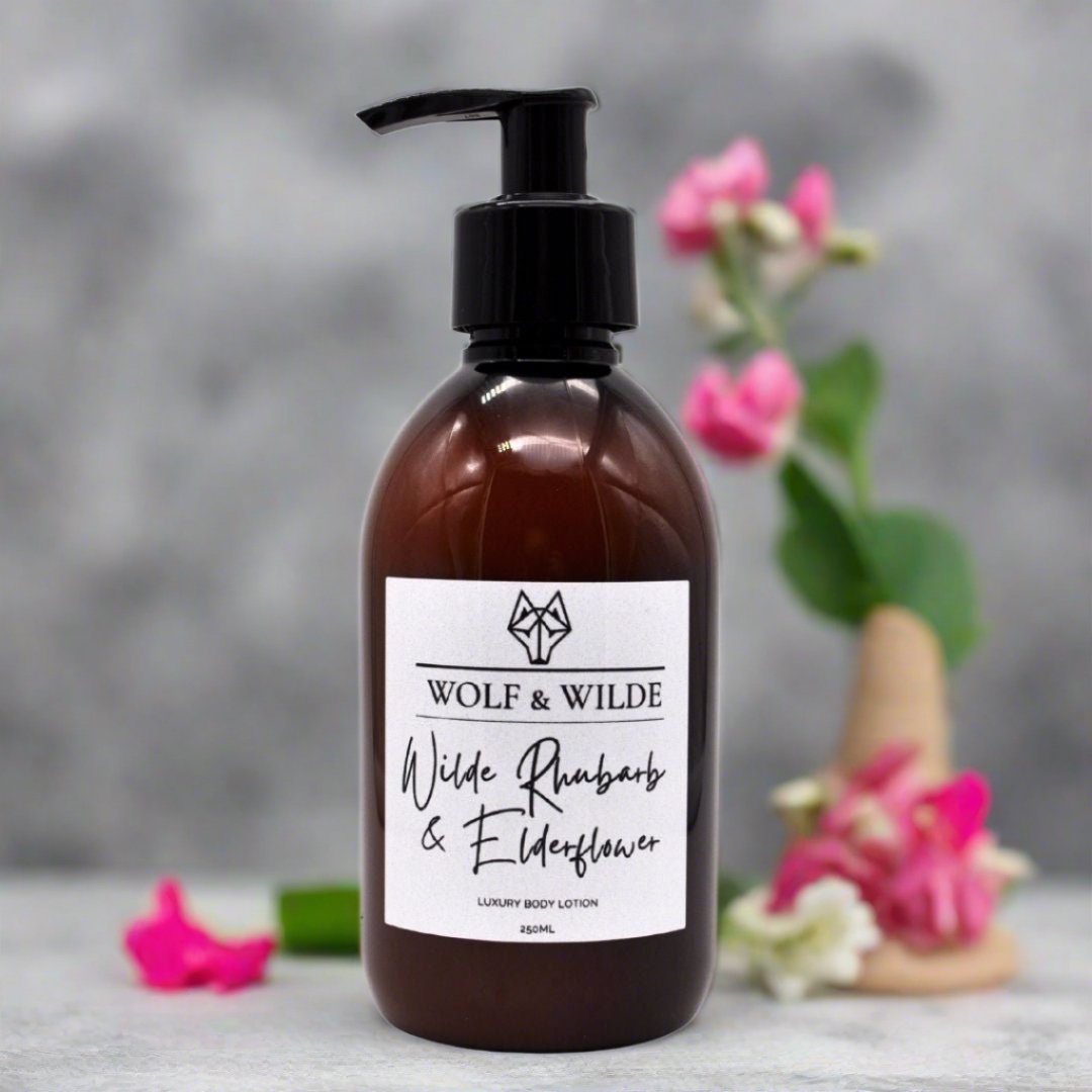 Luxury Wilde Rhubarb and Elderflower body lotion, premium handcrafted fragrance with rhubarb, rose, musk, vegan and cruelty-free, 250ml by Wolf & Wilde at brixbailey.com