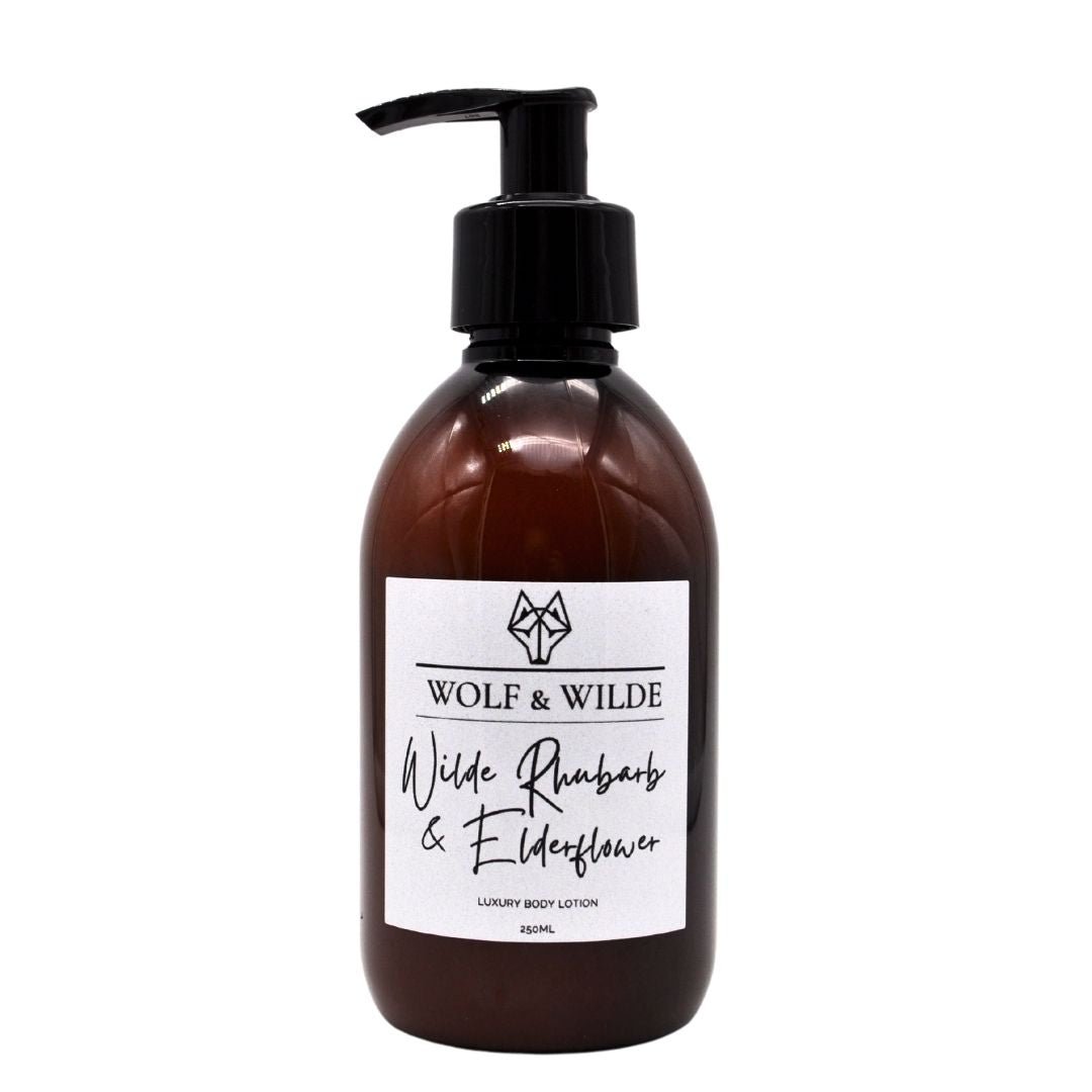 Luxury Wilde Rhubarb and Elderflower Body Lotion, premium handcrafted vegan lotion with long-lasting fragrance, 250ml by Wolf & Wilde at brixbailey.com