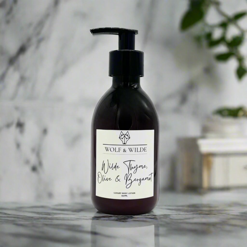 Luxury Wilde Thyme Olive Bergamot Body Lotion, Fresh Citrus Floral Fragrance, Vegan Cruelty-Free, 250ml by Wolf & Wilde at brixbailey.com