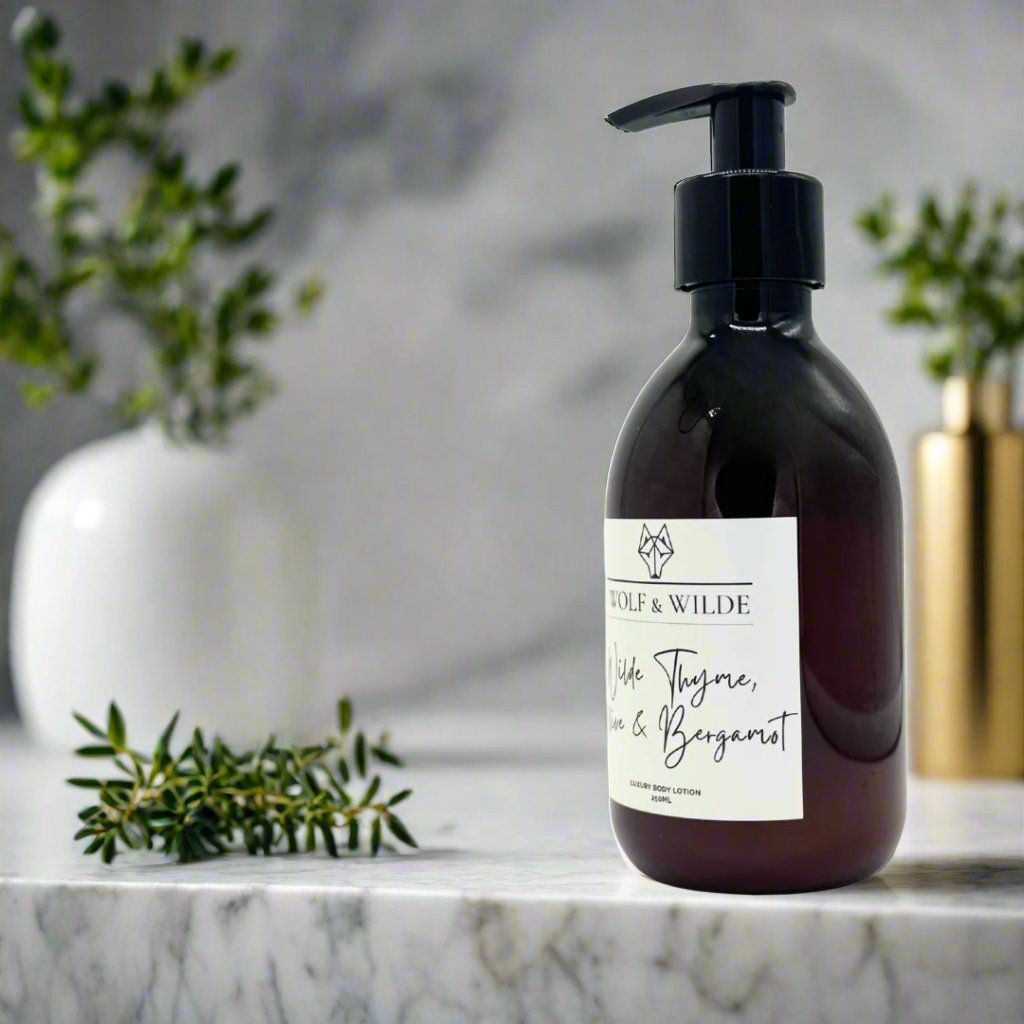 Luxury Wilde Thyme Olive Bergamot Body Lotion, Fresh Citrus Floral Fragrance, Premium Handcrafted Vegan Moisturizer, 250ml by Wolf & Wilde at brixbailey.com