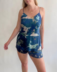 Blue silk pyjama set in 'Wonderous' night sky Print, luxury lounge wear