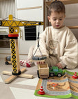 Green Wooden Construction Toy Set with Crane and Vehicles