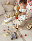 Green Wooden Construction Toy Set with Crane and Vehicles
