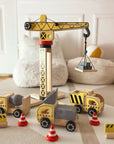 Green Wooden Construction Toy Set with Crane and Vehicles