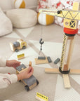 Green Wooden Construction Toy Set with Crane and Vehicles