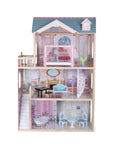softly lit three-story wooden dollhouse with a cozy glowing balcony at dusk