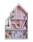 softly lit wooden dollhouse liselle at dusk with warm glowing led lights in the cozy living room