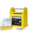 gerardo's toys wooden mailbox set with chalk-written messages in a cozy playroom corner
