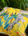 Vibrant citrus yellow watercolour art Cushion 'Stallion' double sided Zebra design, made from Vegan friendly Suede