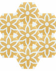 Luxury Fleur porcelain floor and wall tiles, yellow and white hex pattern, premium anti-slip matte finish, indoor-outdoor use by Maria Starling Design at brixbailey.com