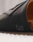 Premium black vegan sandals YIN, comfortable strap, slip-resistant sole, timeless capsule wardrobe essential, fair trade Europe by Fünve at brixbailey.com