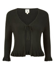 Yumi Black Tie Up Ribbed Cardigan With Frill Hem