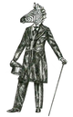 Vintage-style illustration  by Brix + Bailey of a zebra-headed gentleman in a formal suit, holding a top hat and cane.