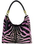 Large Black and lilac Zebra Print Hair On Leather Tassel Grab Bag Sostter
