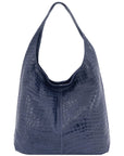 Navy Croc Print Leather Hobo Bag