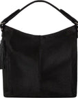 Black leather top handle shoulder bag by Brix + Bailey with silver hardware and removable tassel at www.brixbailey.com