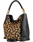 Large leopard print calf hair leather grab bag by Sostter with removable crossbody strap at www.brixbailey.com