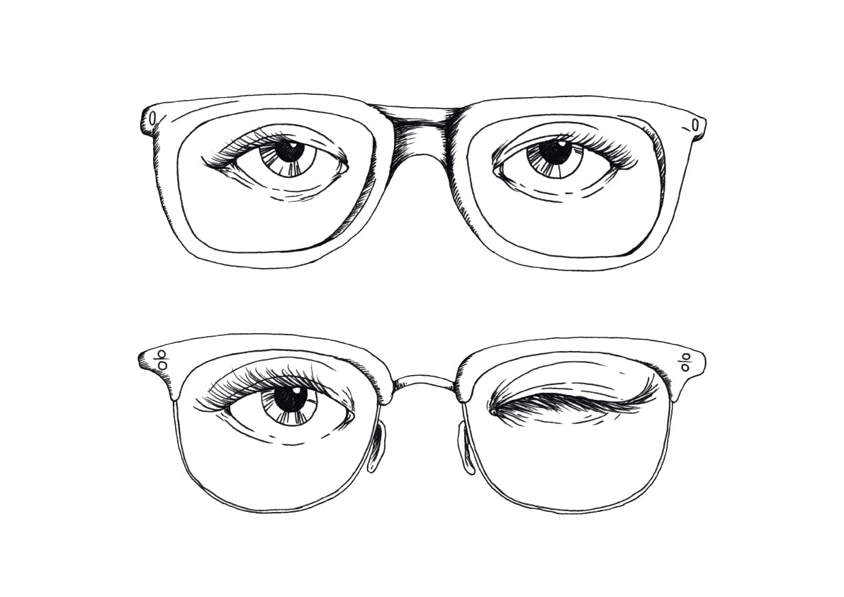 Four hand-drawn pencil sketches of eyeglasses, each with an eye illustrated behind the lenses, arranged in a grid.