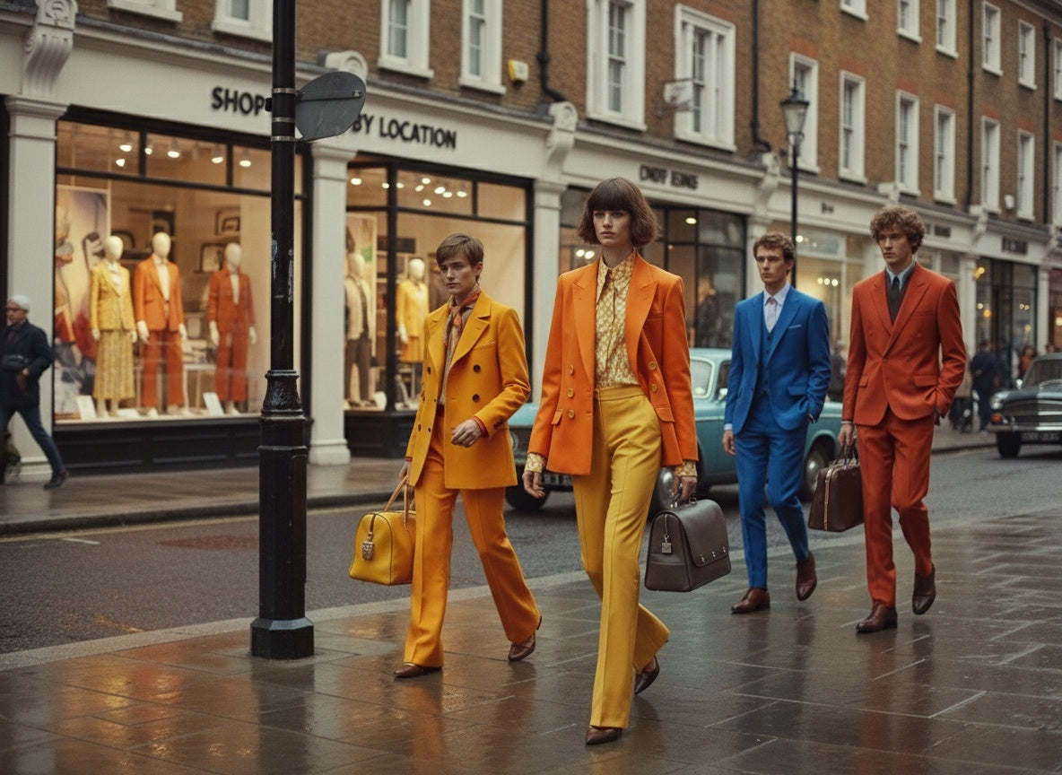 Independent fashion designers and models wearing vibrant colored outfits walking on wet Parisian street past shop windows during Paris Fashion Week