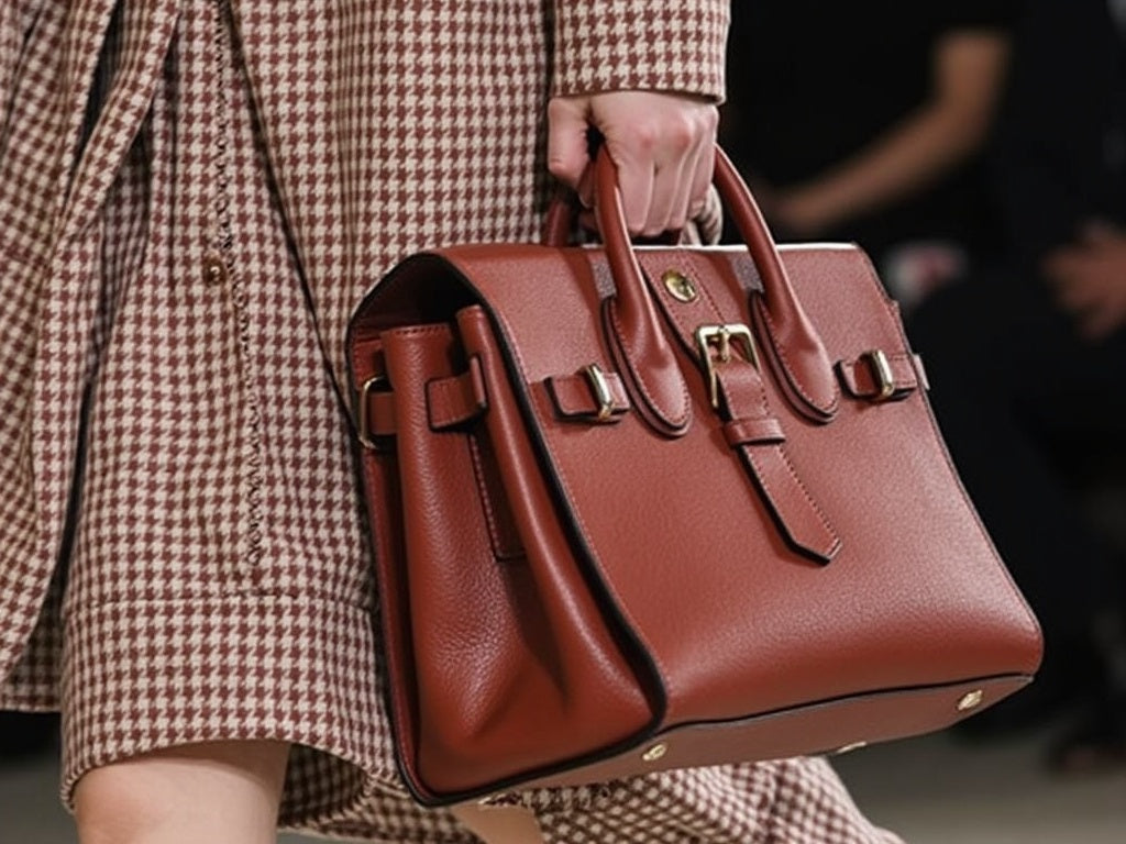 A close-up of a hand carrying a tan leather handbag beside a checked coat and skirt