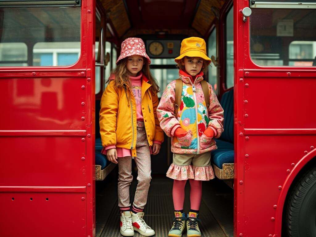 Two children in bright coats and bucket hats standing in the doorway of a red vintage bus