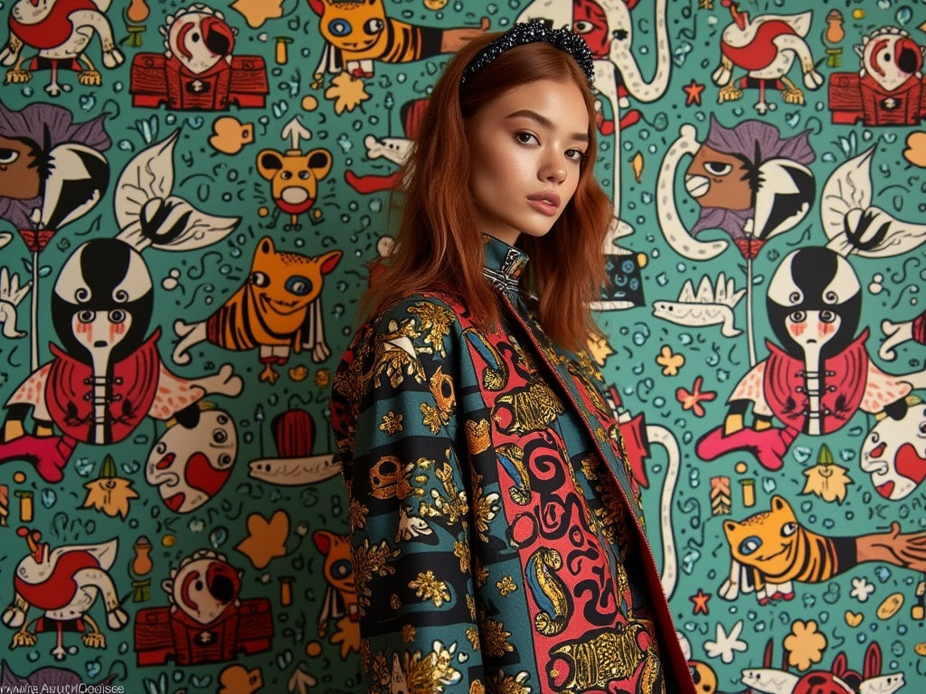 Woman wearing colorful patterned clothing against vibrant artistic wallpaper featuring whimsical illustrations and bold colors - representing the creative spirit of independent design and makers
