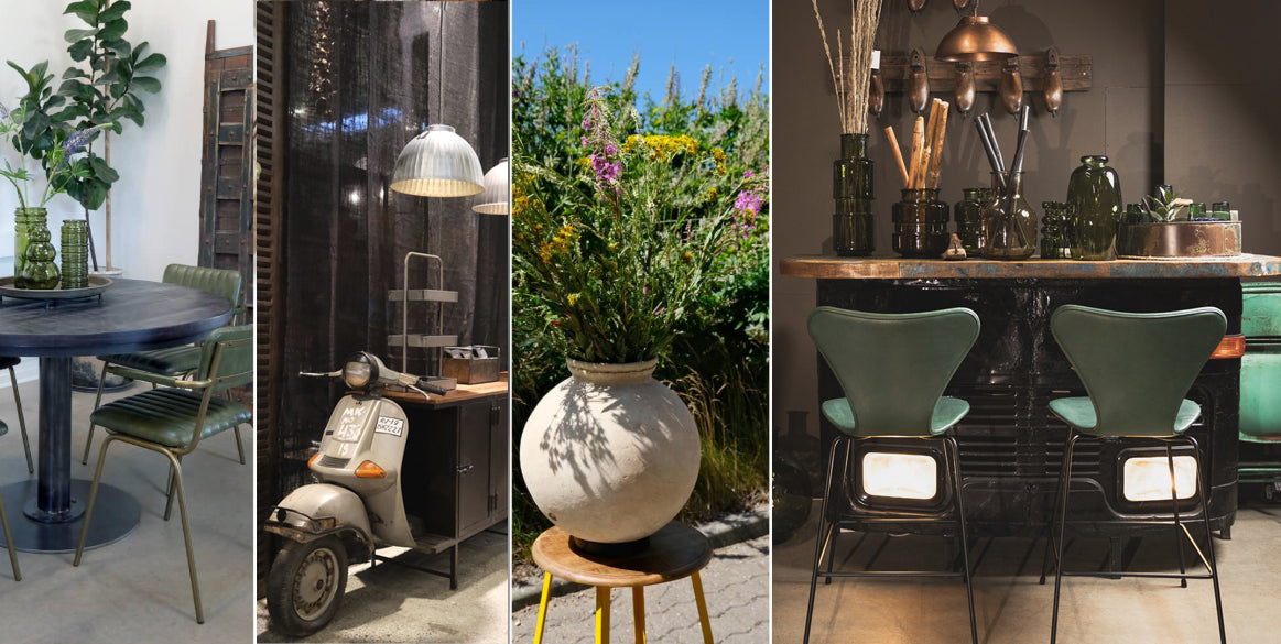 A three-panel composition of interiors: a dark dining room, a garden terrace, and green velvet chairs beside a round white lamp