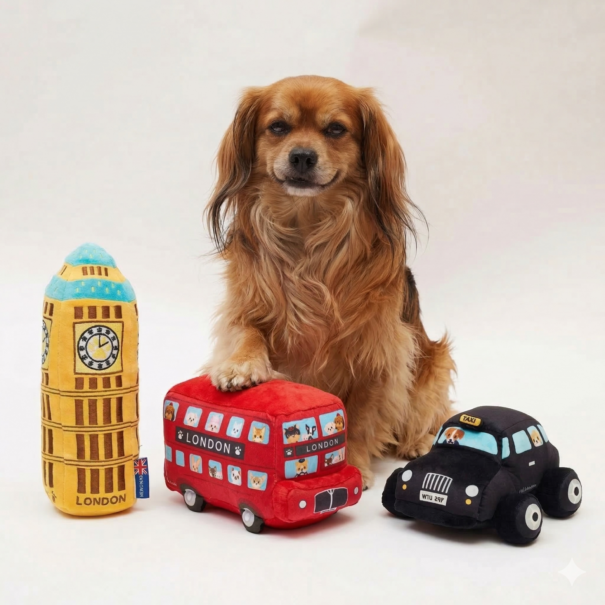 Small long-haired dog sitting beside Fauna London plush toys shaped as Big Ben, a red London bus and a black cab
