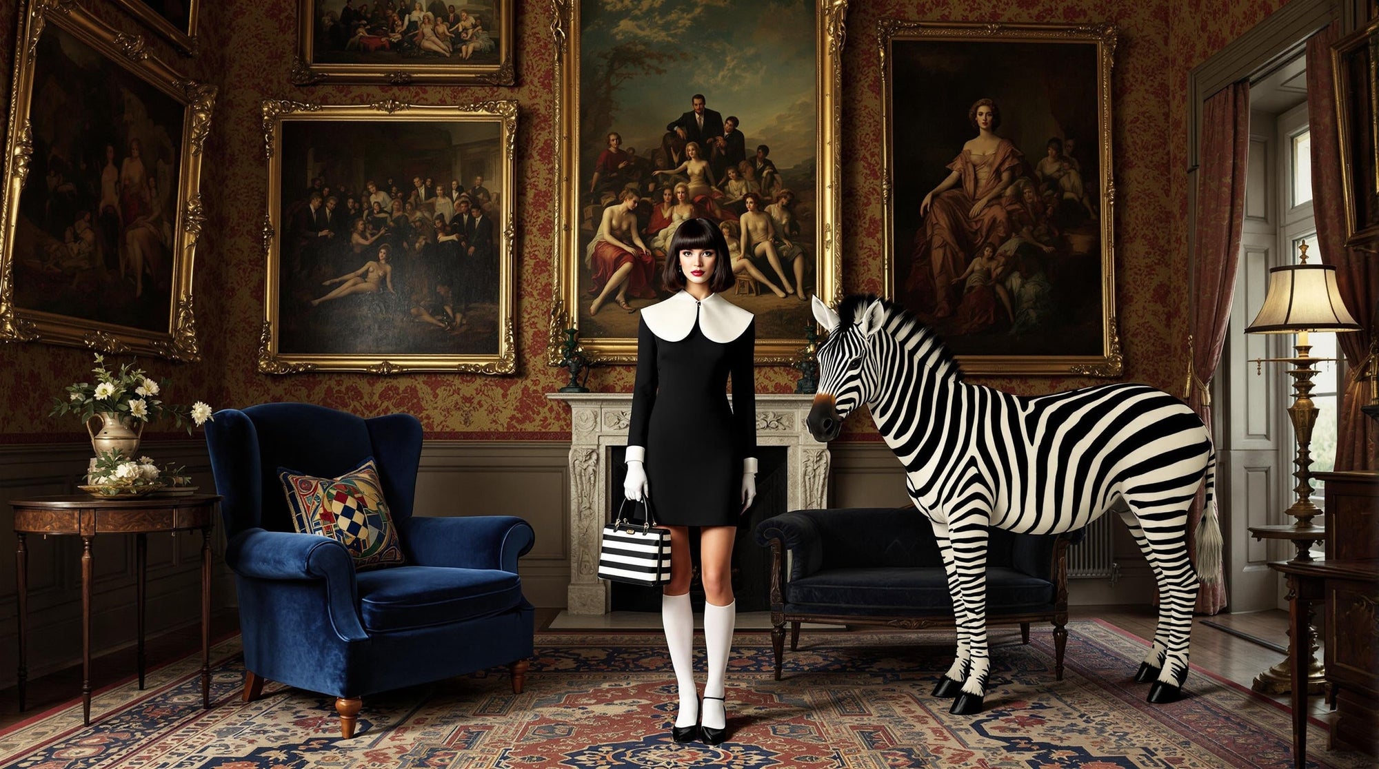 A woman in a black dress with a bold white collar stands beside a zebra in an opulent, portrait-filled room. She holds a striped Brix + Bailey bag, perfectly matching her surreal companion.