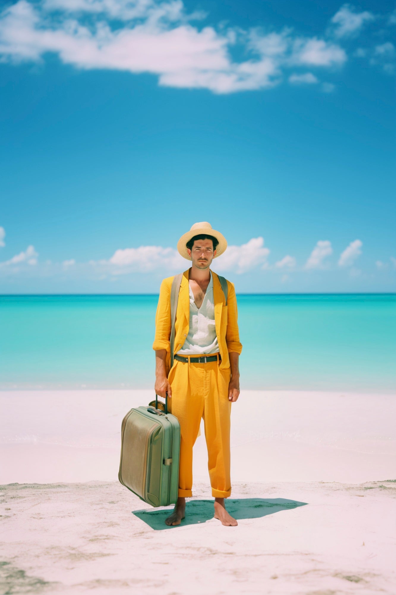 Man in yellow linen jacket on beach — independent men's accessories and grooming brands | Brix + Bailey