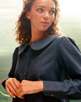 Claudine Wool Linen Overshirt  - Navy Pinstripe