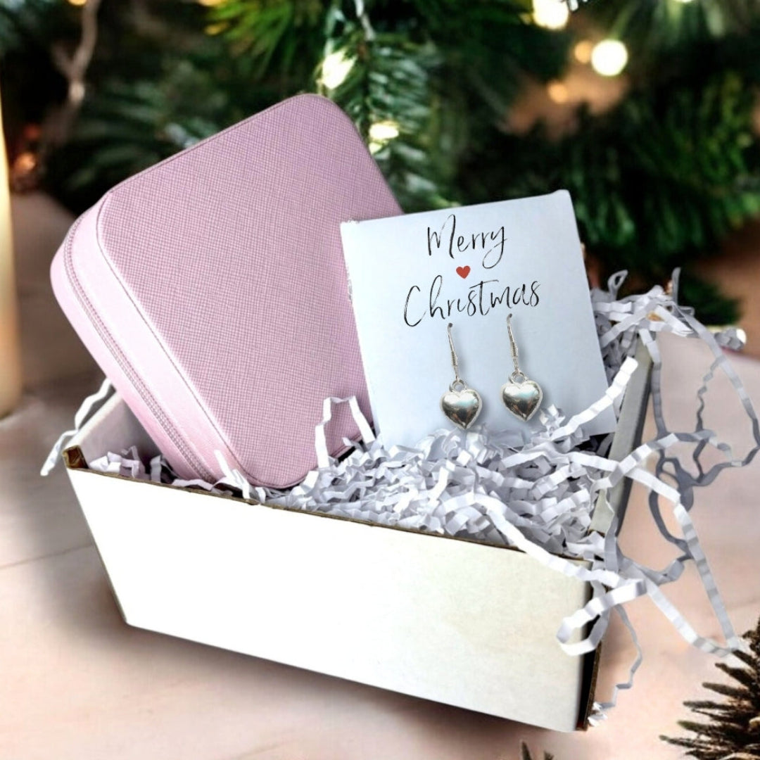 Merry Christmas Gift Hamper Silver Heart Drop Earrings &amp; Jewellery Box