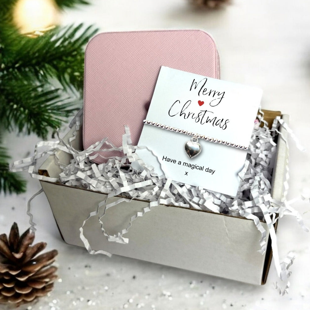 Merry Christmas Gift Hamper | Silver Heart Bracelet &amp; Jewellery Box