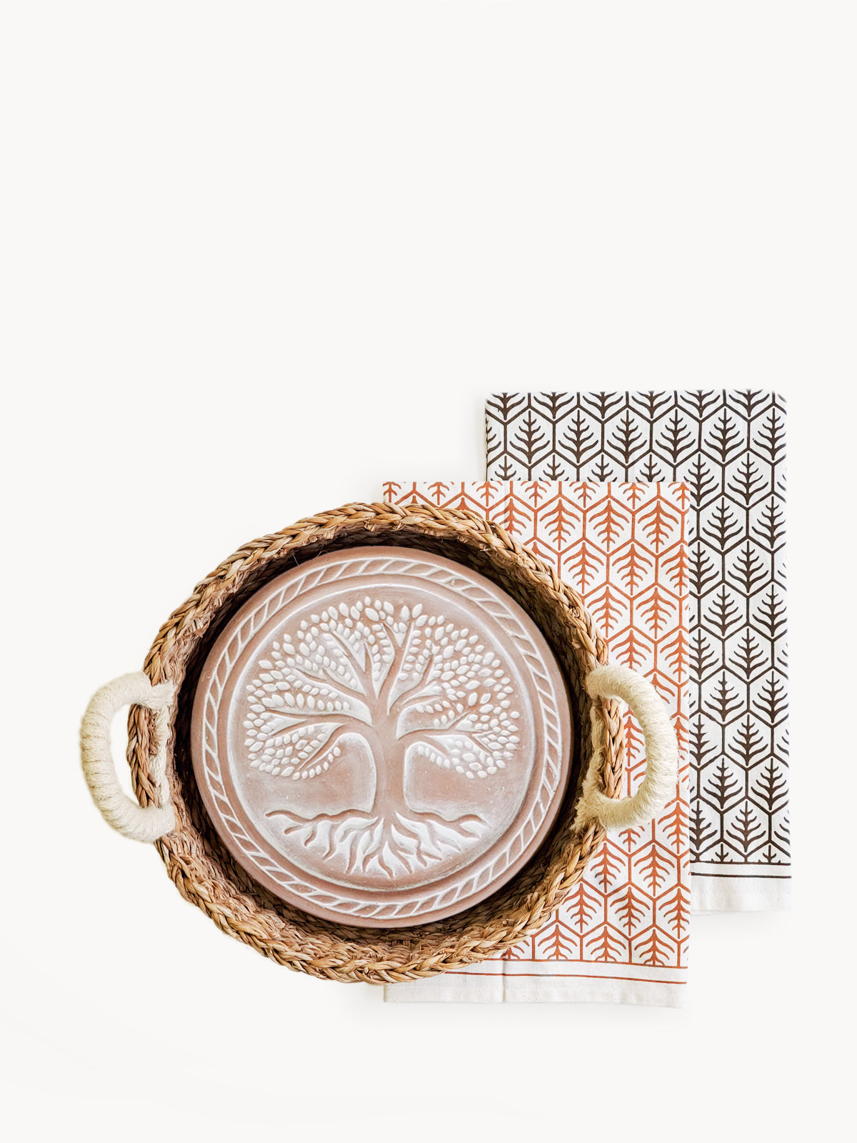 Bread Warmer &amp; Basket Gift Set with Tea Towel - Tree of Life Round